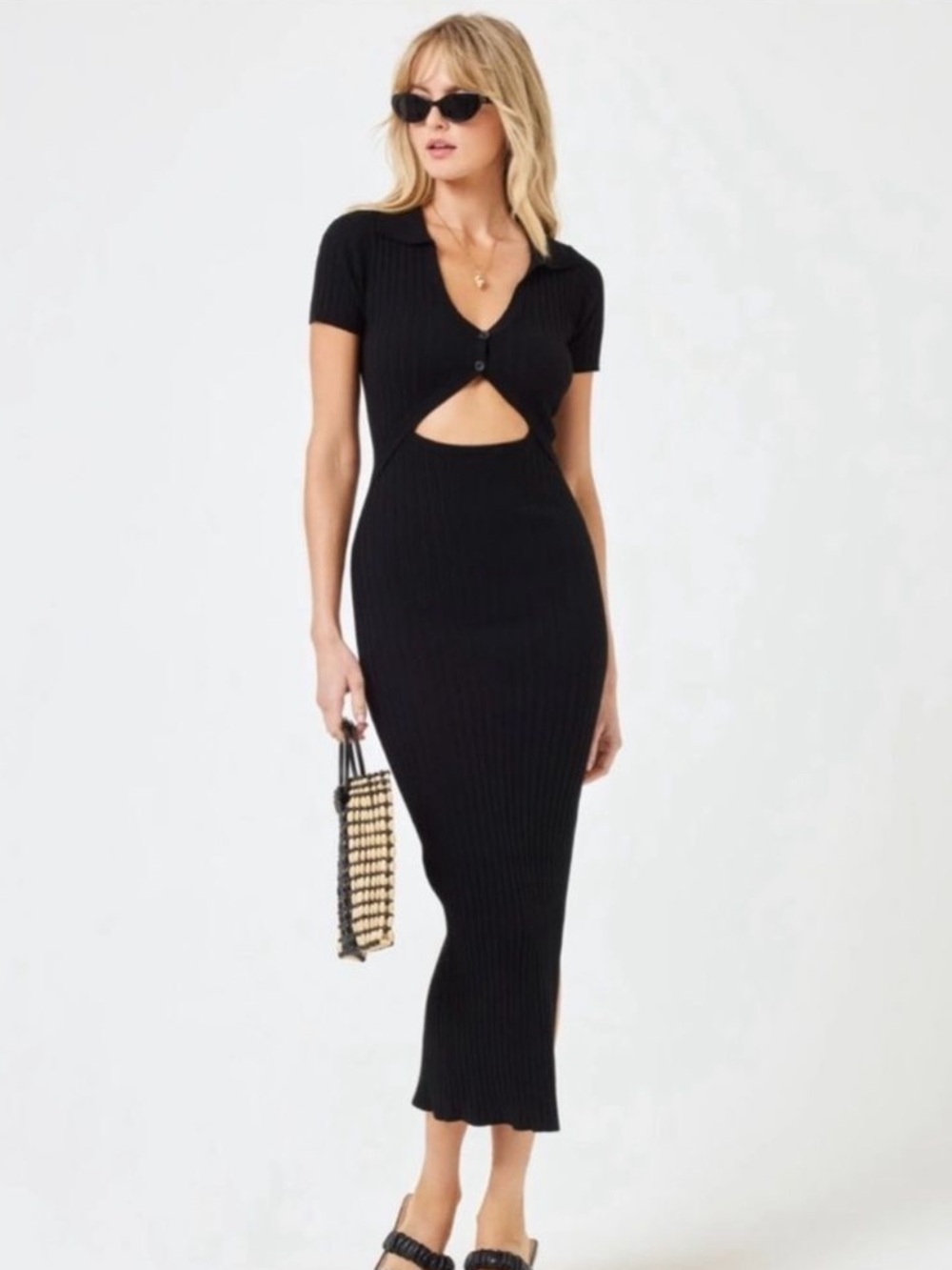 Anthropologie L*SPACE Lena Cut Out Collored Ribbed Midi Dress in Black, Medium